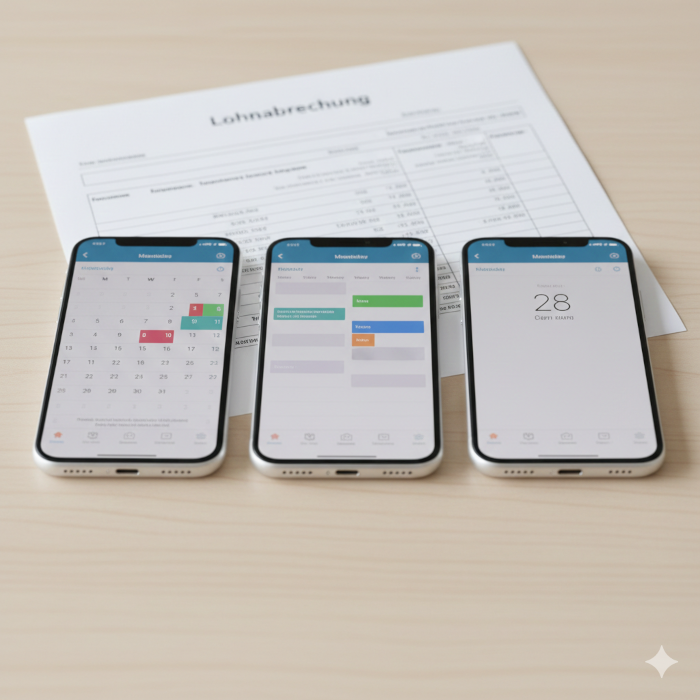 Drei Smartphones nebeneinander zeigen verschiedene Kalender-Apps, im Hintergrund eine Lohnabrechnung