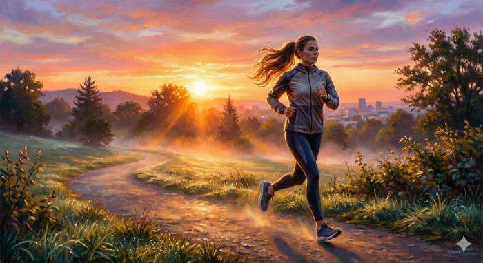 Person macht leichte Dehnübungen zu Hause, im Hintergrund eine Uhr