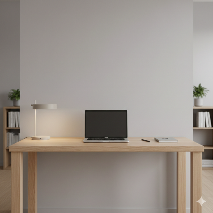 Ein aufgeräumter Schreibtisch mit Laptop und Notizbuch
