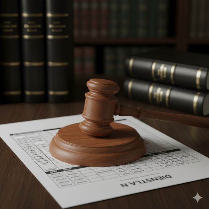 Ein Richterhammer liegt auf einem Schichtplan, im Hintergrund unscharf Gesetzbücher