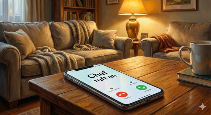 Smartphone liegt auf dem Tisch, Display zeigt 'Chef ruft an', im Hintergrund entspannte Wohnzimmer-Atmosphäre