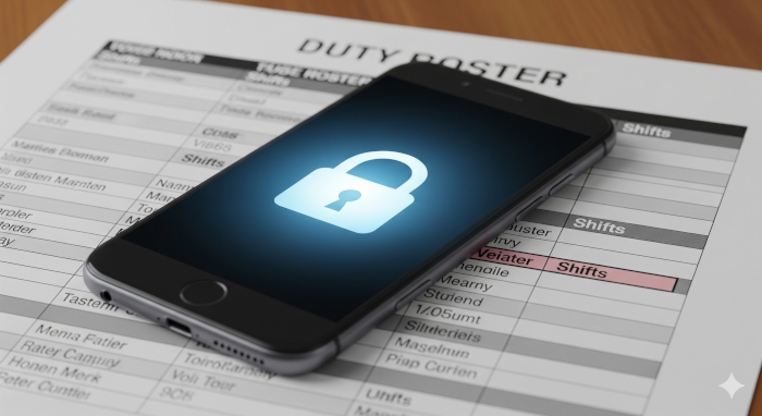 Ein Smartphone mit einem Sicherheitsschloss auf dem Display liegt auf einem Dienstplan