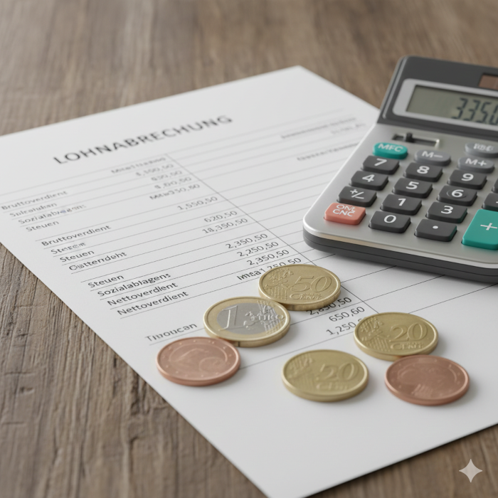 Nahaufnahme einer Lohnabrechnung, daneben liegen Euro-Münzen und ein Taschenrechner