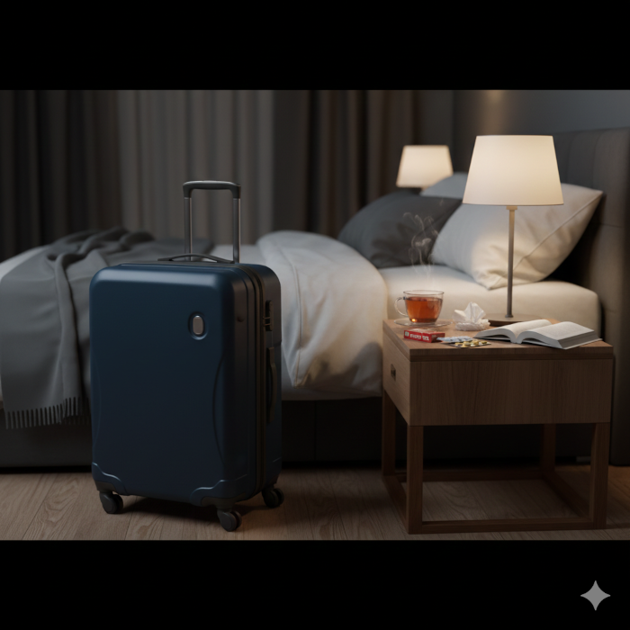 Ein Reisekoffer steht neben einem Nachttisch mit Medikamenten und Tee